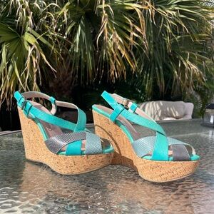 Salvatore Ferragamo Turquoise Platform Wedge Size 8